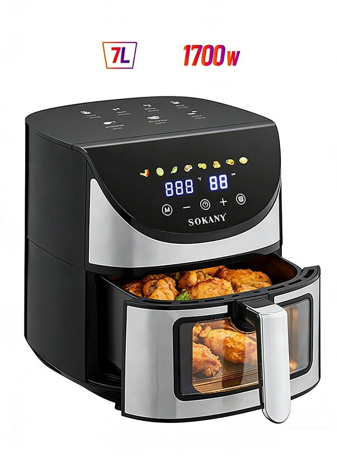 سوكاني مقلاة هوائية، سلة كبيرة سعة 7 لترات مع نافذة عرض للطهي، 8 وظائف طهي، تحكم قابل للتعديل في درجة الحرارة ومؤقت لمدة 60 دقيقة، تقنية الهواء السريع، سلة غير لاصقة وآمنة للغسل في غسالة الأطباق، حماية من الحرارة الزائدة، 1700 واط، فضي/أسود، SK-10031 - Image 1